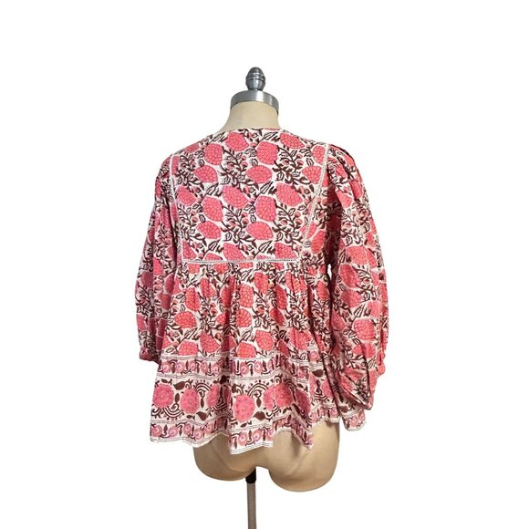 Tuckernuck Marea Pink Floral Cotton Long Sleeve Tassel Block Print Top Medium - Picture 3 of 5
